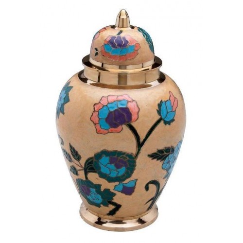 Brass Urn (Cream with Pink, Blue and Green Floral Design)